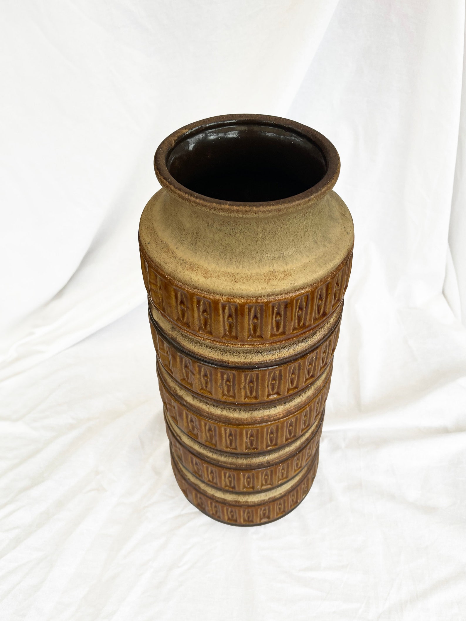 Large five rimmed geometric West German pottery floor vase in Cream, Ochre, Brown and earthy tones from Scheurich, 1970s 238-40