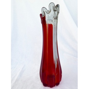 Mid century Vintage large swung glass vase in vibrant retro orange and hot red tones circa 1970's