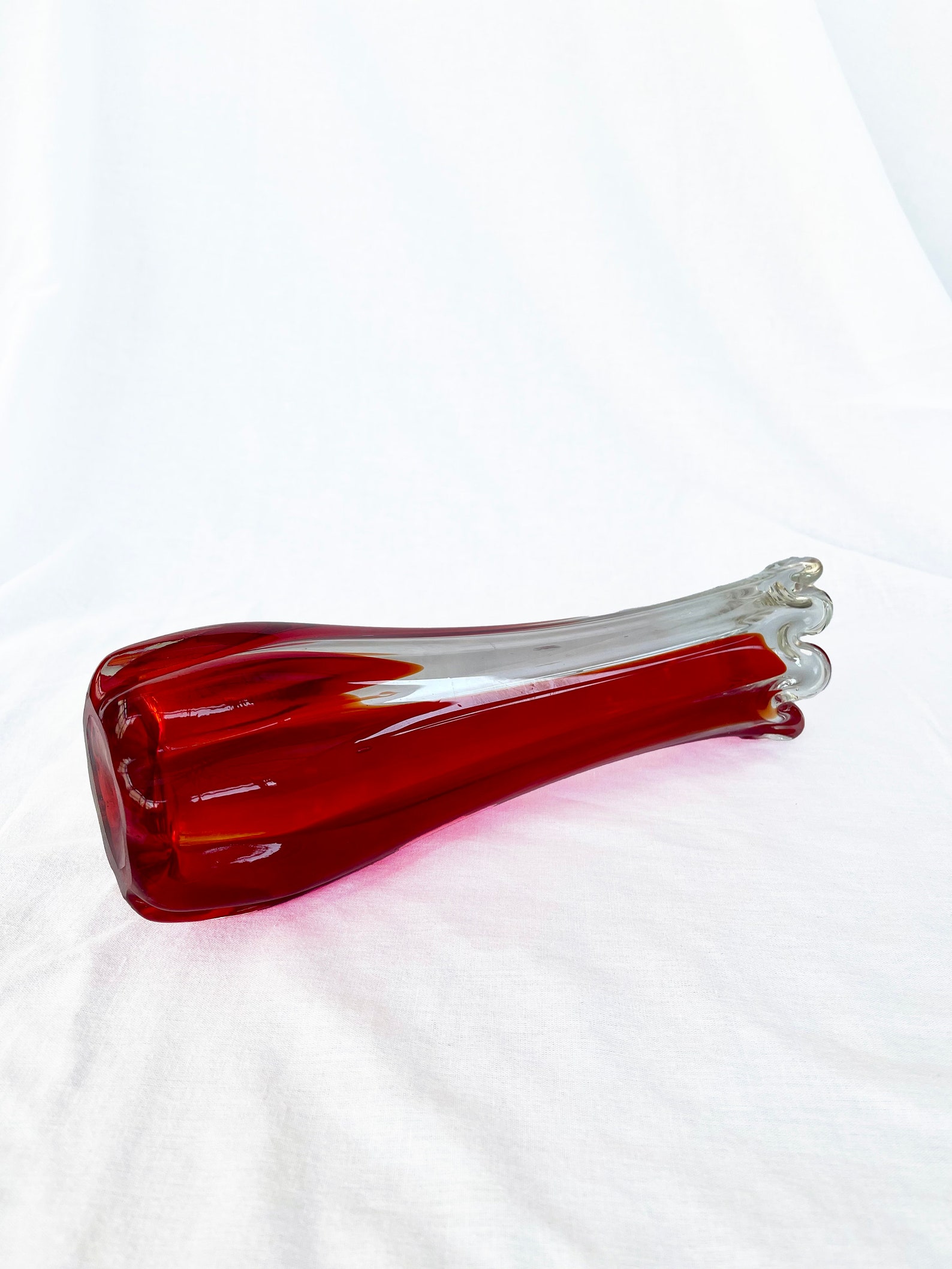 Mid century Vintage large swung glass vase in vibrant retro orange and hot red tones circa 1970's