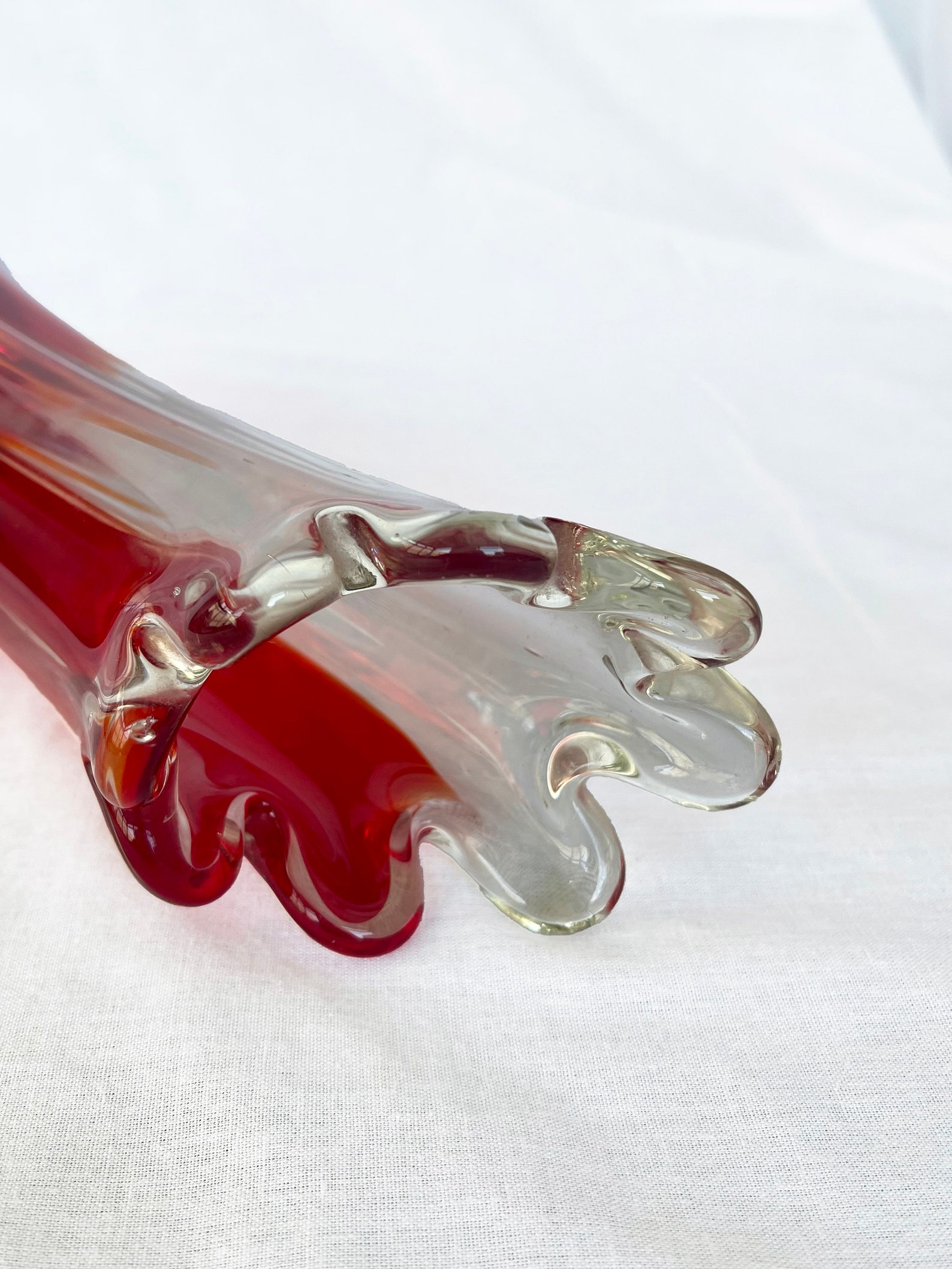 Mid century Vintage large swung glass vase in vibrant retro orange and hot red tones circa 1970's