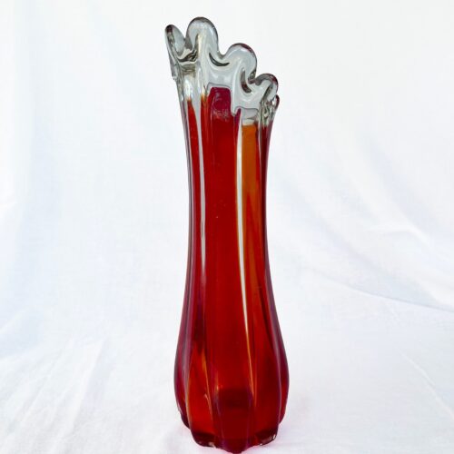 Mid century Vintage large swung glass vase in vibrant retro orange and hot red tones circa 1970's