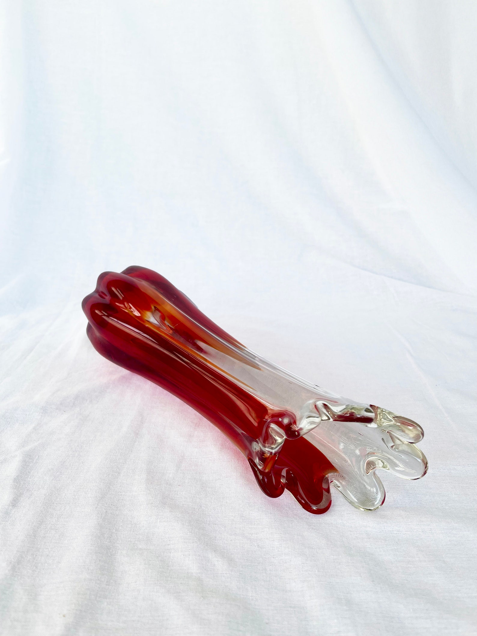 Mid century Vintage large swung glass vase in vibrant retro orange and hot red tones circa 1970's