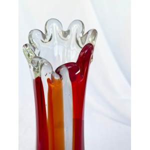 Mid century Vintage large swung glass vase in vibrant retro orange and hot red tones circa 1970's