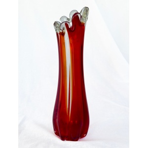 Mid century Vintage large swung glass vase in vibrant retro orange and hot red tones circa 1970's