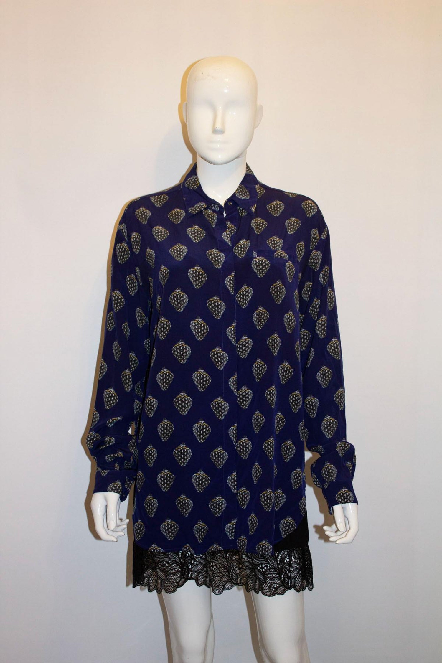 Blue Silk Shirt with Strawberry Print by Markus Lupfer