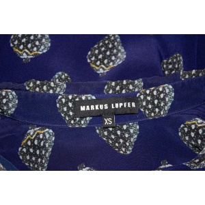 Blue Silk Shirt with Strawberry Print by Markus Lupfer