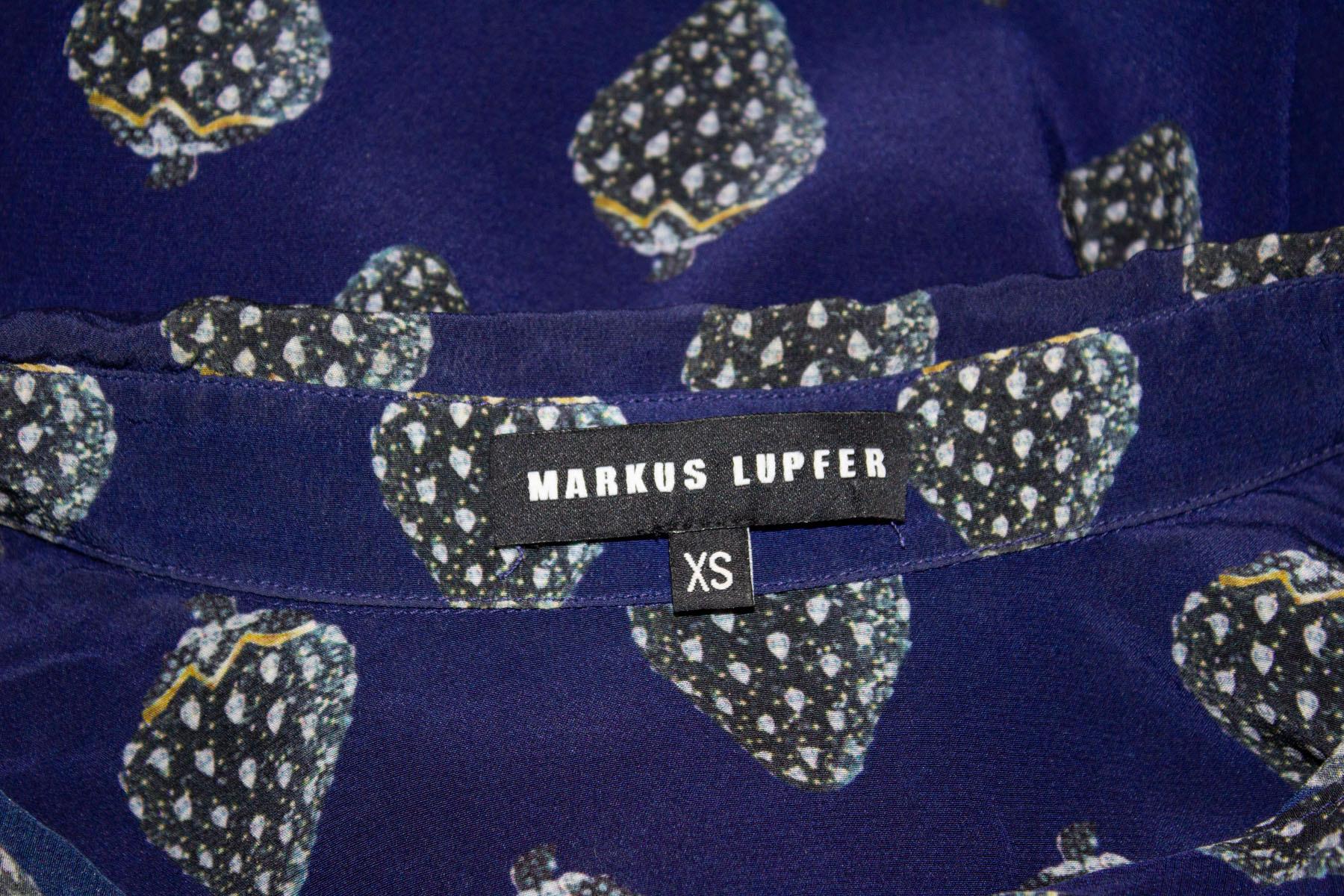 Blue Silk Shirt with Strawberry Print by Markus Lupfer