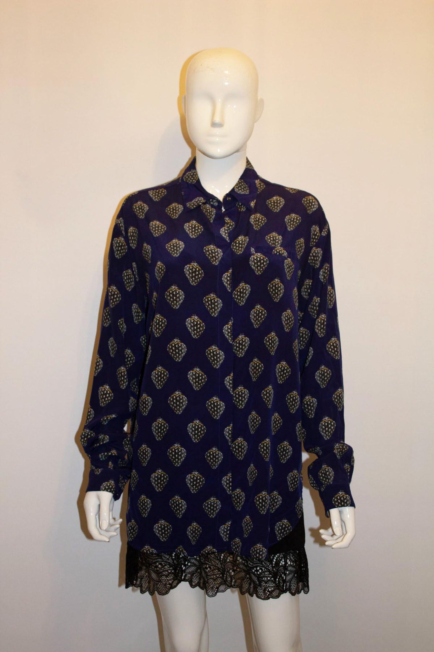 Blue Silk Shirt with Strawberry Print by Markus Lupfer