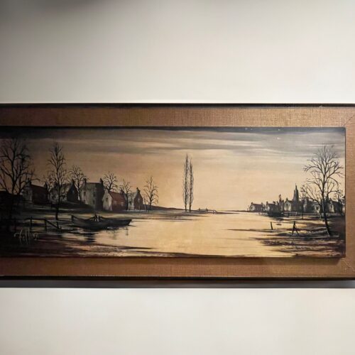 Ronald Norman Folland (1932-1999) Title: "Riverbanks", colour reproduction, in original frame with hessian slip/surround.