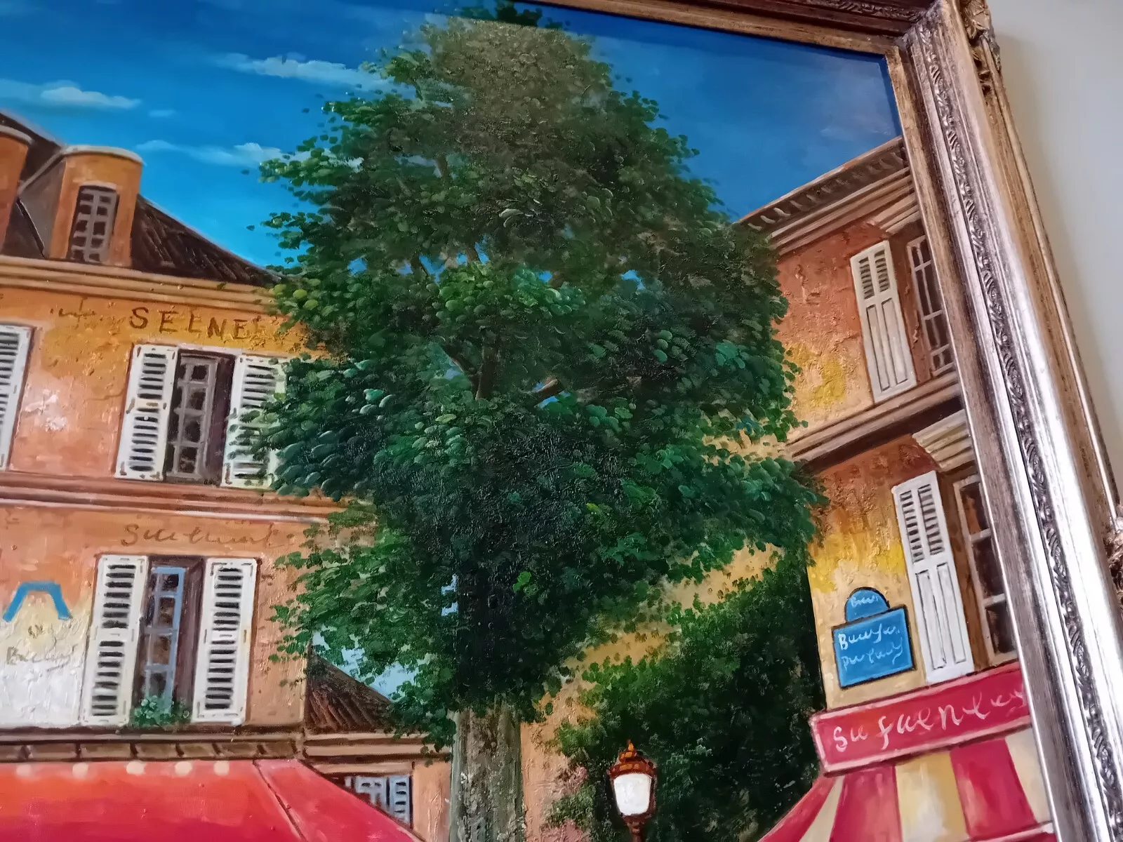 Huge Oil Painting Mid 20th Century Continental Town Scene 80 x 58 Inches