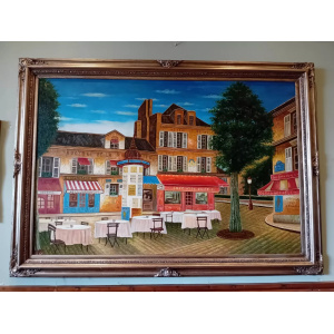 Huge Oil Painting Mid 20th Century Continental Town Scene 80 x 58 Inches