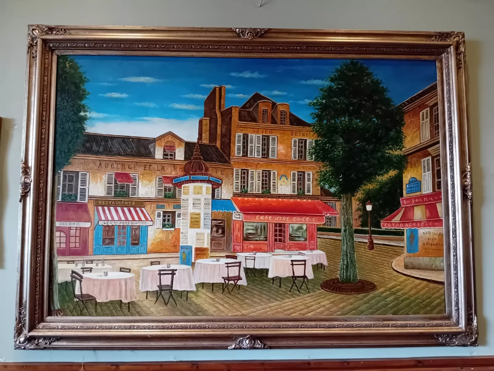 Huge Oil Painting Mid 20th Century Continental Town Scene 80 x 58 Inches