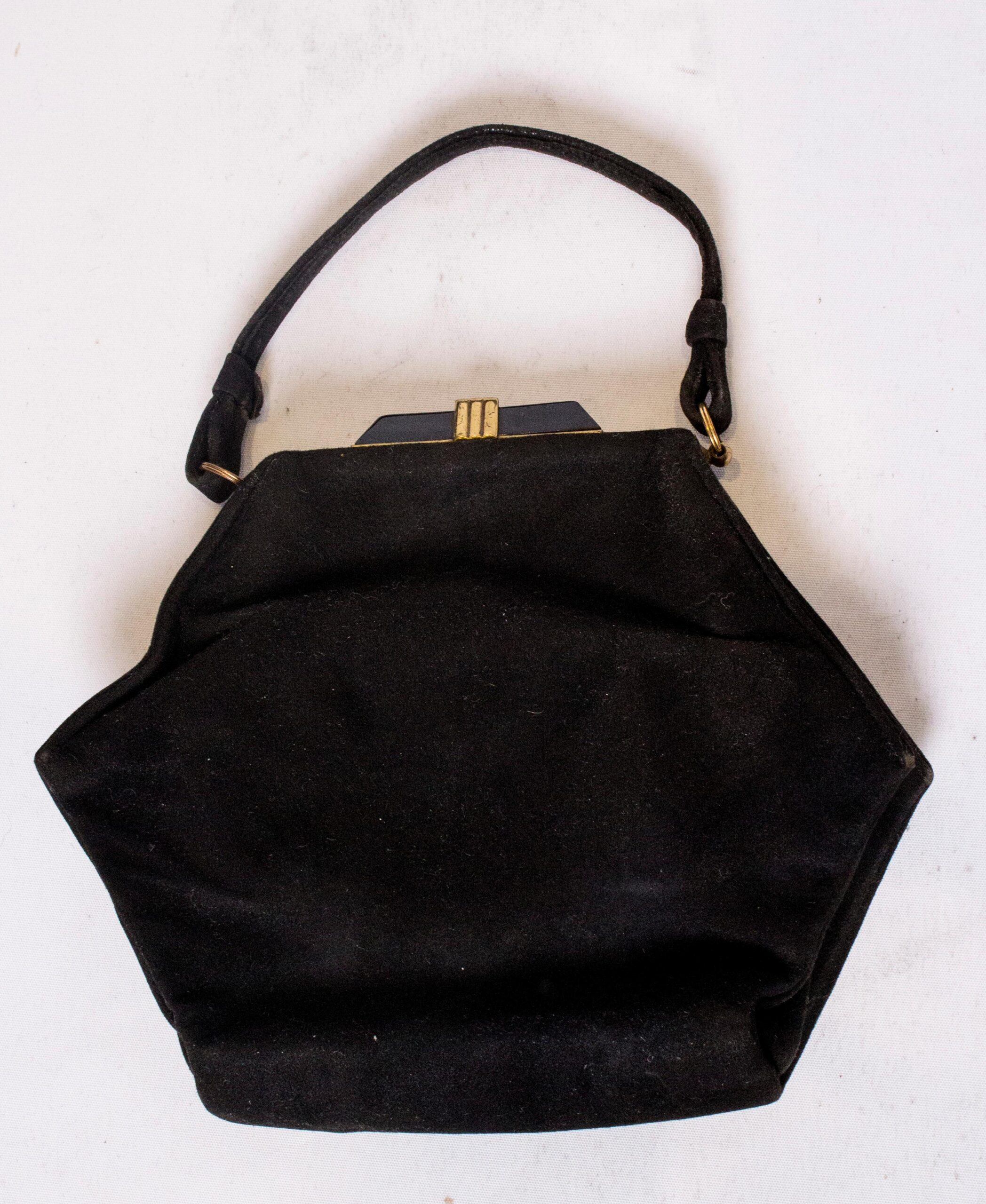 Vintage Art Deco Black Suede Handbag