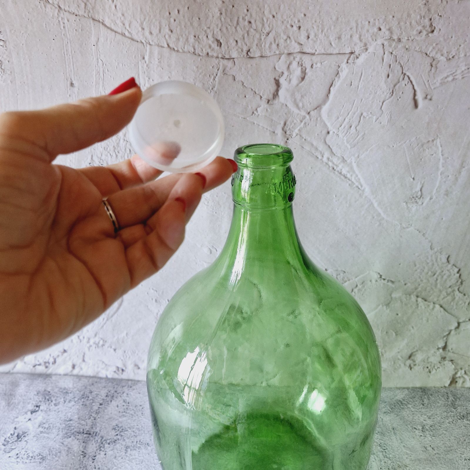 GREEN LARGE BOTTLE with a cap, Vintage demijohn