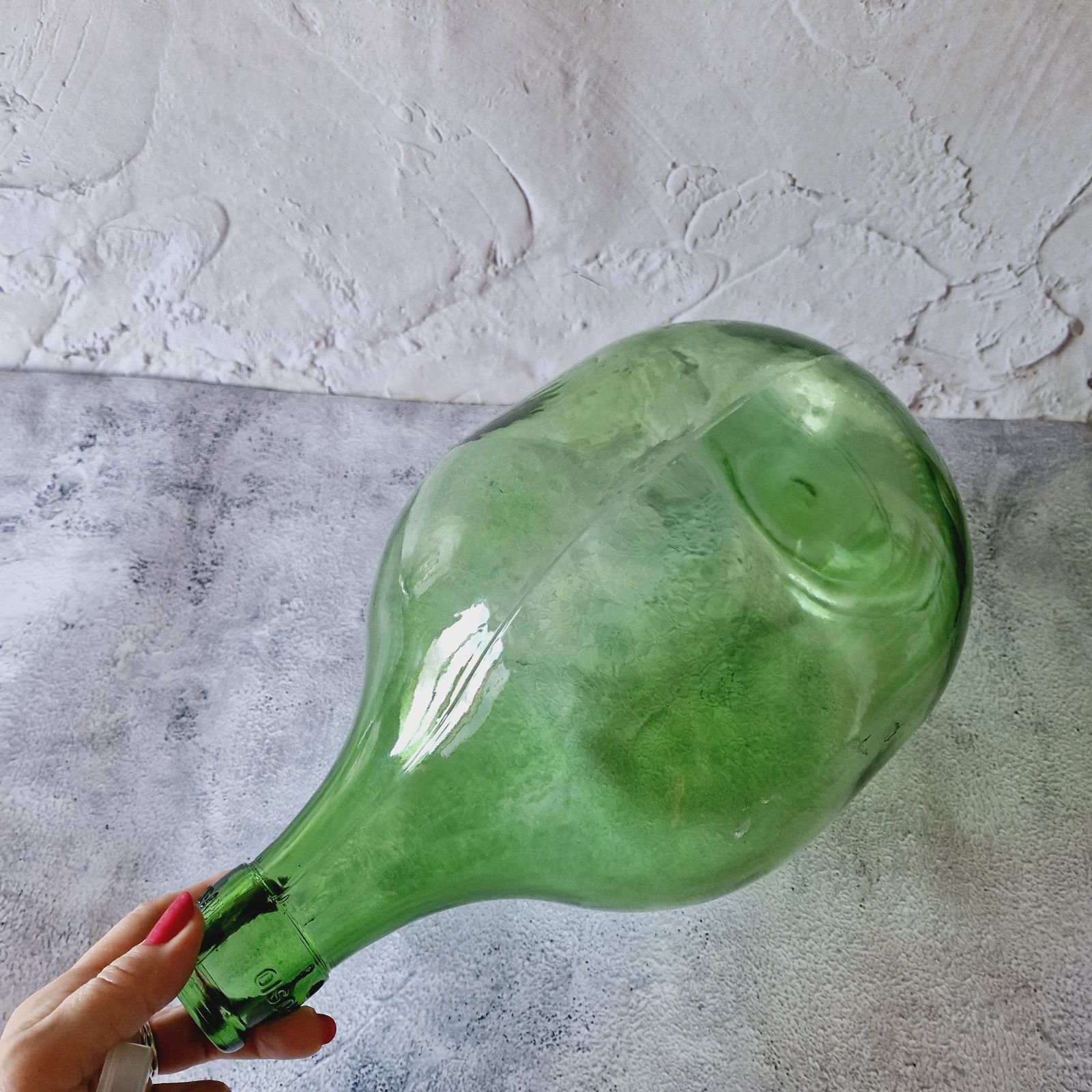 GREEN LARGE BOTTLE with a cap, Vintage demijohn