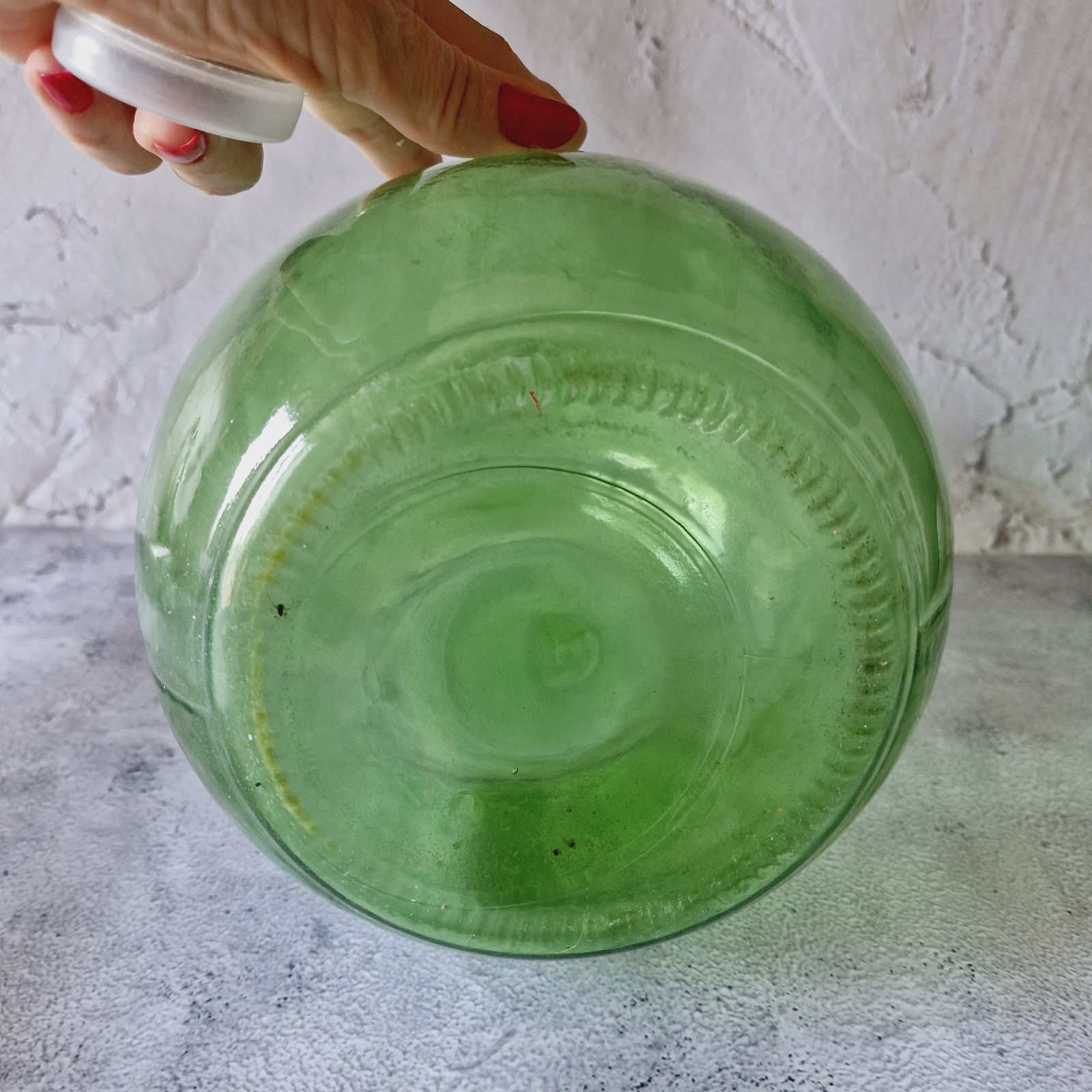 GREEN LARGE BOTTLE with a cap, Vintage demijohn