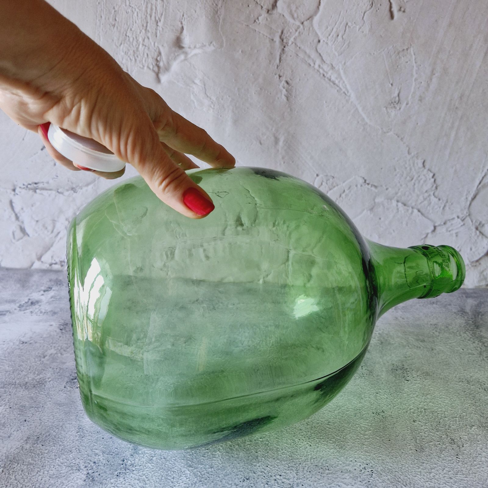 GREEN LARGE BOTTLE with a cap, Vintage demijohn