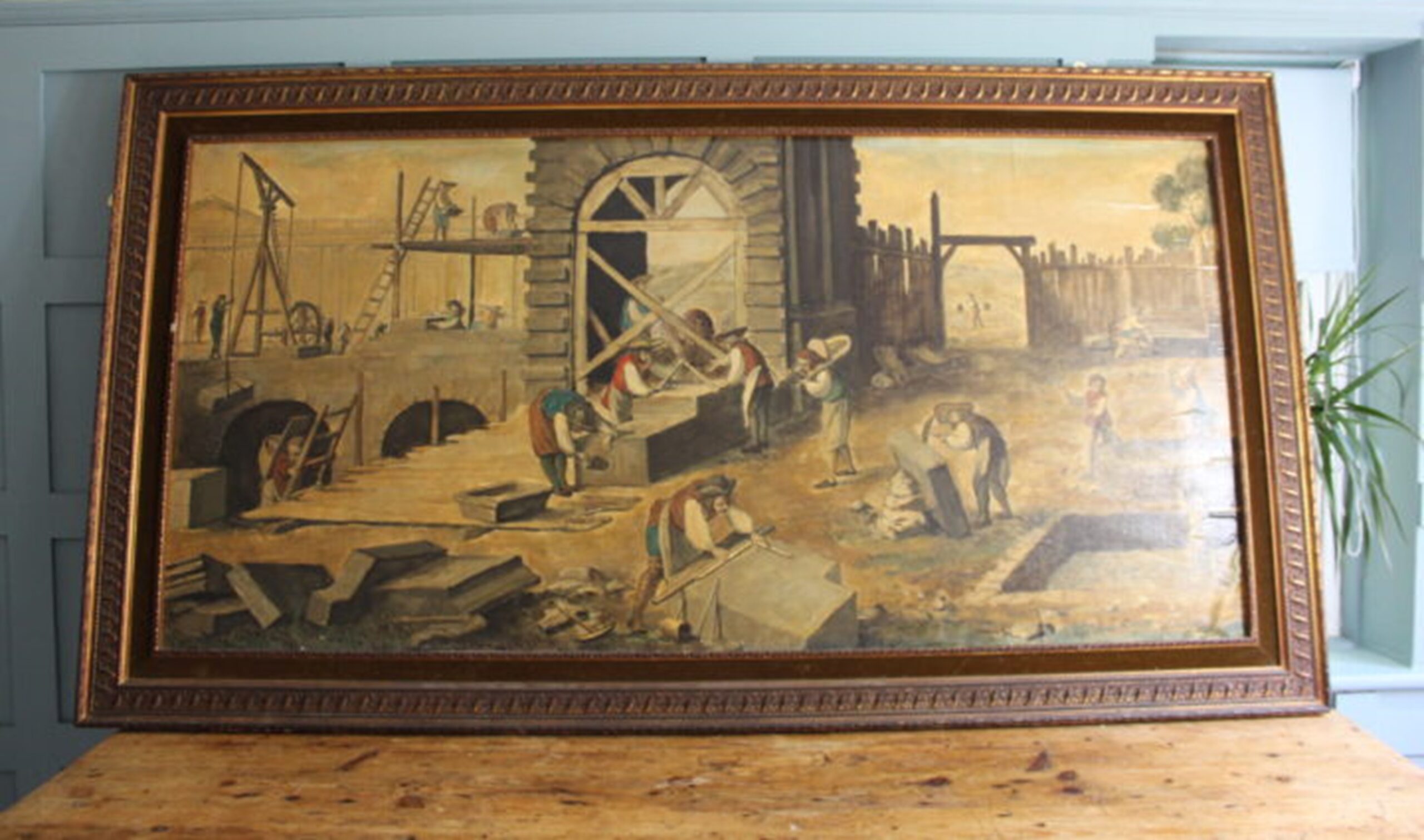Vintage Abbé Prévost the stonemasons at work oil on paper
