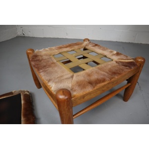 Brutalist Oak Lounge Chair and Ottoman with Upholstery in Goat Hide