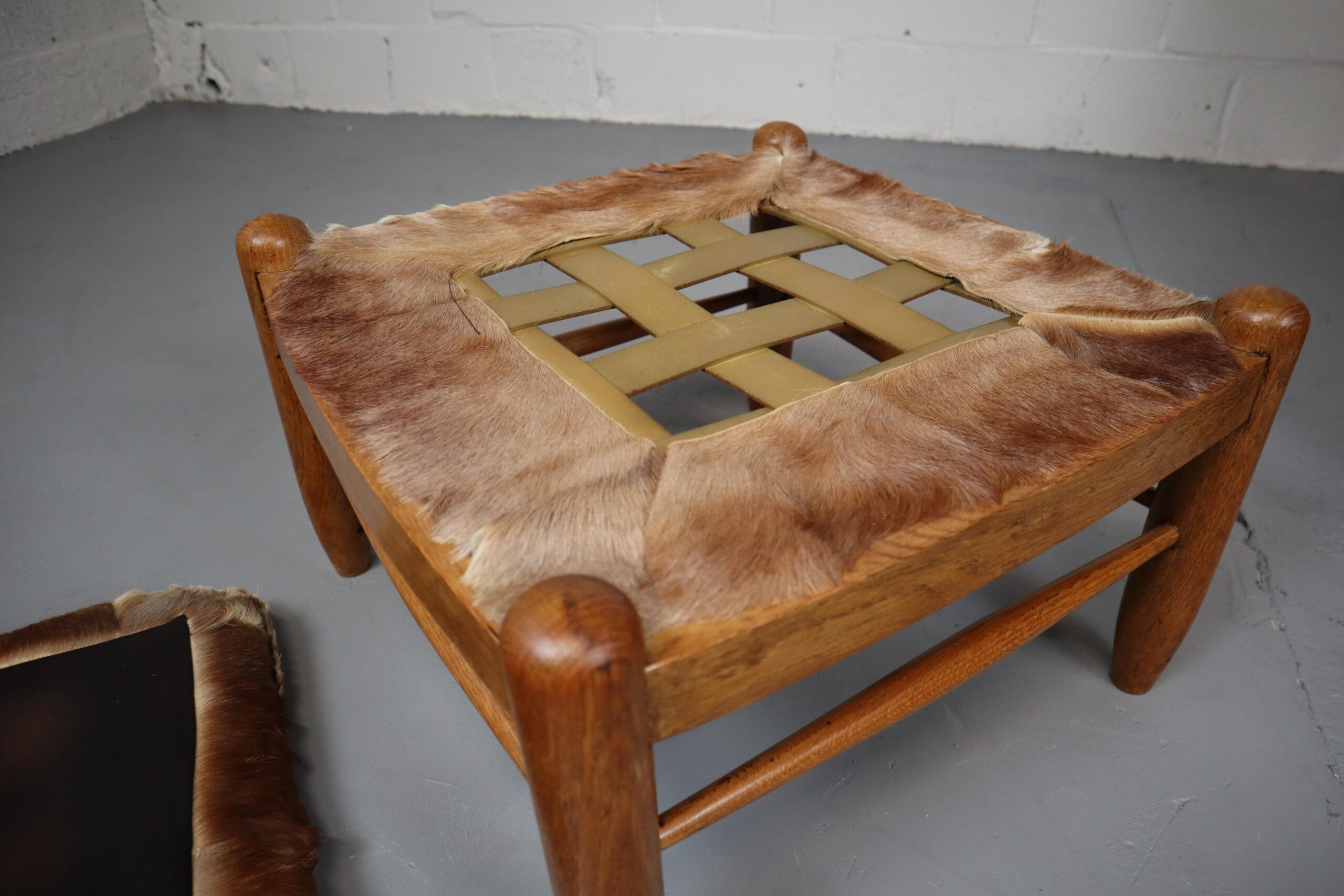 Brutalist Oak Lounge Chair and Ottoman with Upholstery in Goat Hide