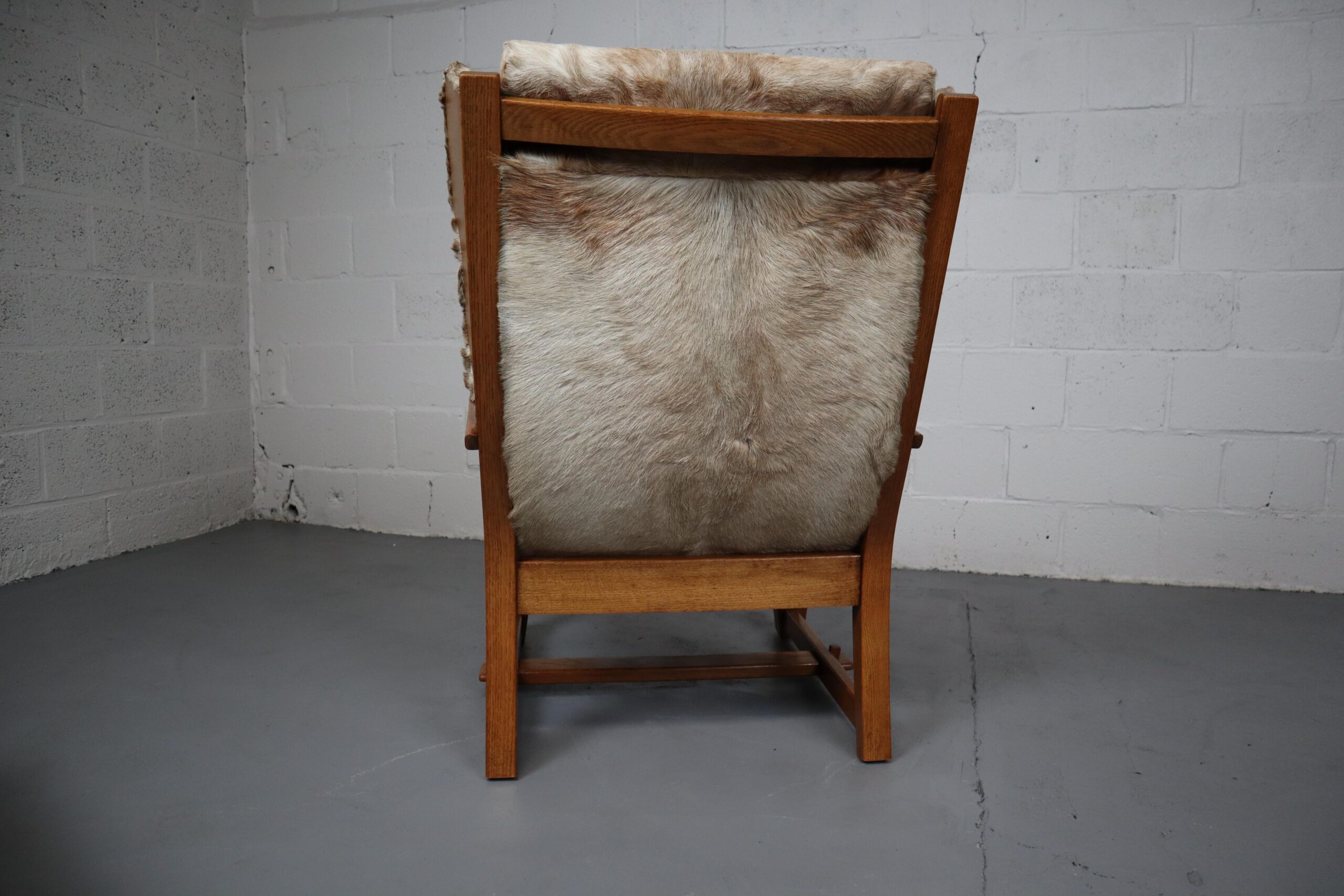 Brutalist Oak Lounge Chair and Ottoman with Upholstery in Goat Hide