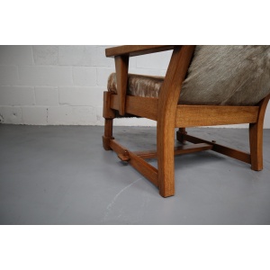 Brutalist Oak Lounge Chair and Ottoman with Upholstery in Goat Hide