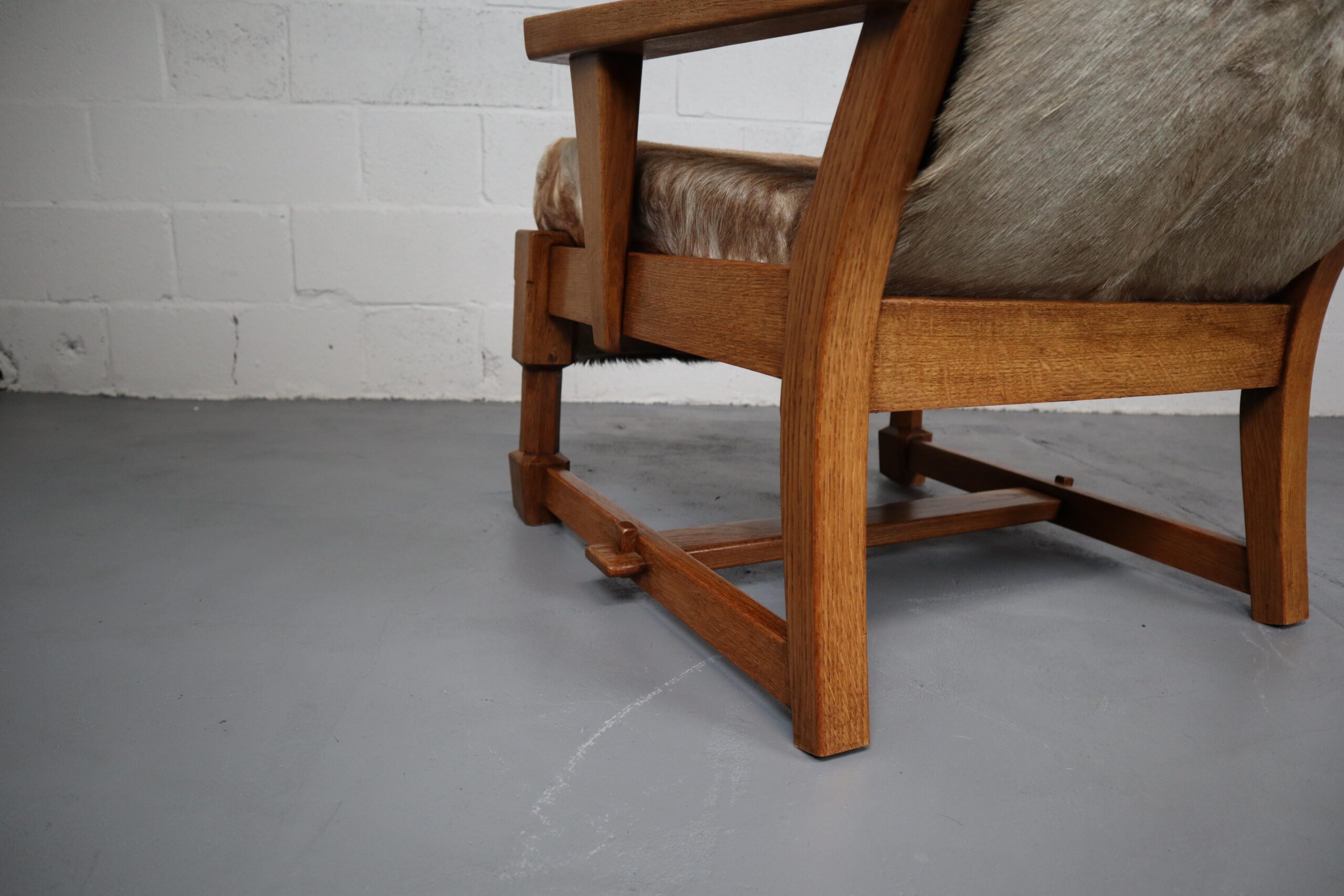 Brutalist Oak Lounge Chair and Ottoman with Upholstery in Goat Hide