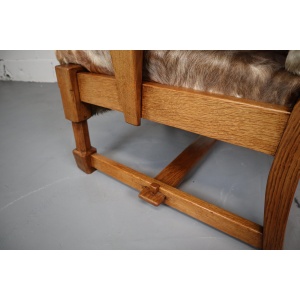 Brutalist Oak Lounge Chair and Ottoman with Upholstery in Goat Hide