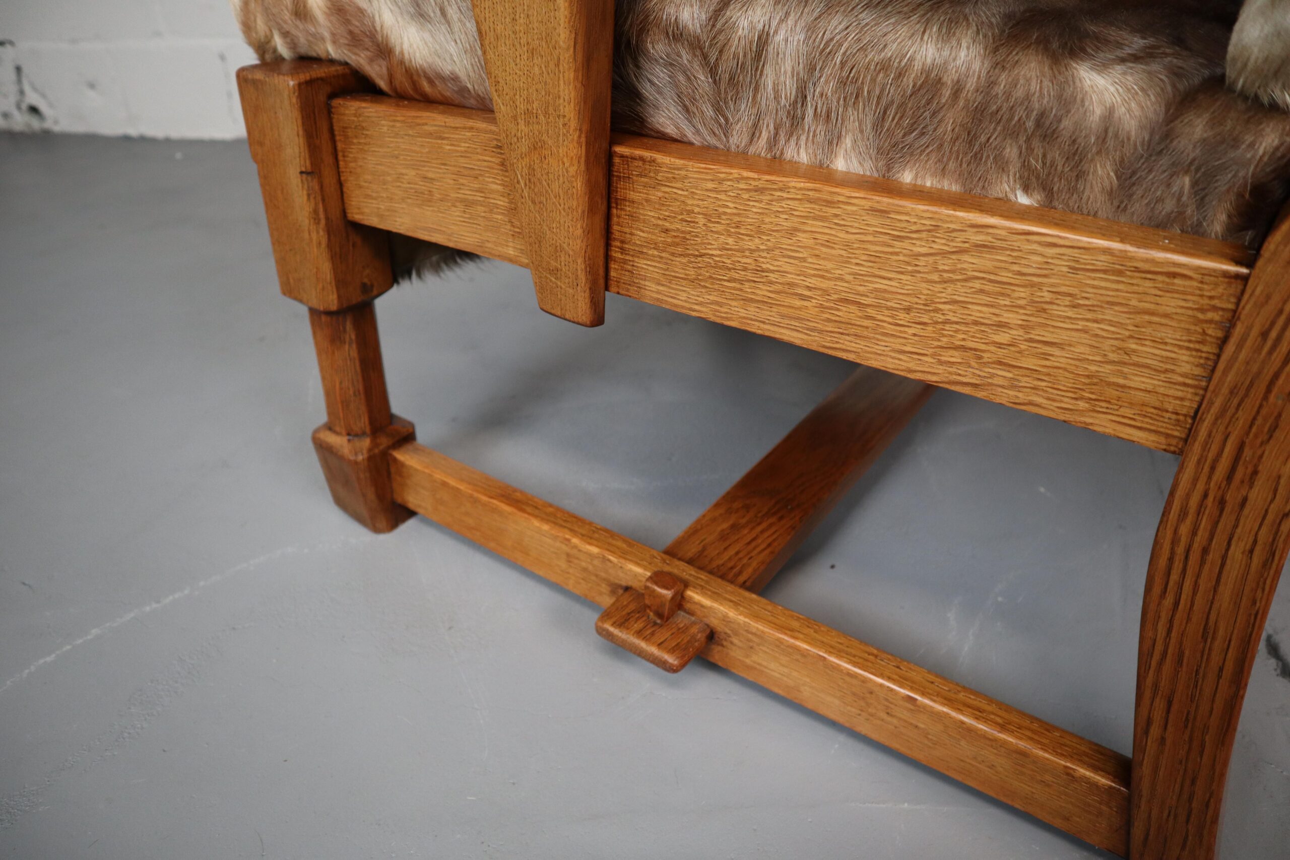 Brutalist Oak Lounge Chair and Ottoman with Upholstery in Goat Hide