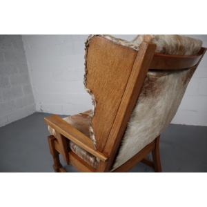 Brutalist Oak Lounge Chair and Ottoman with Upholstery in Goat Hide