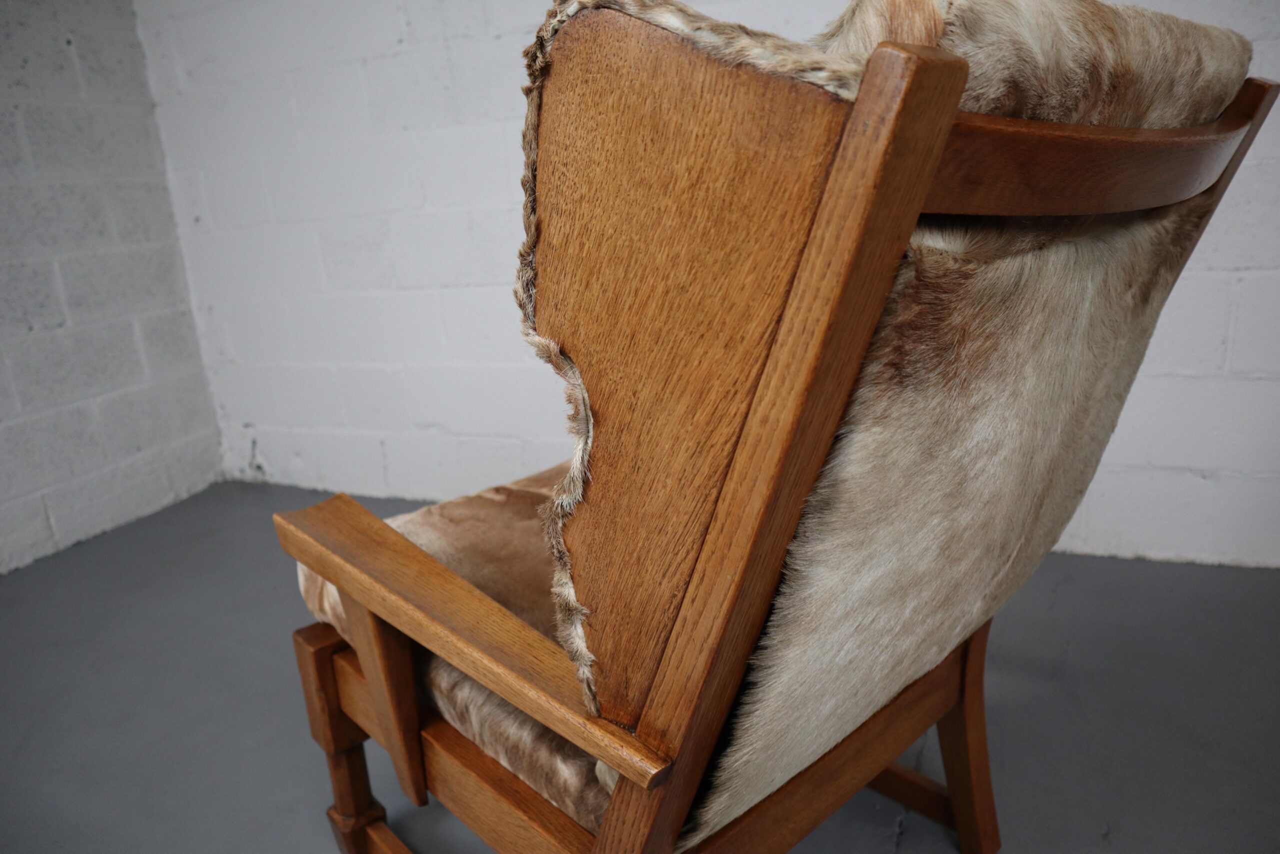 Brutalist Oak Lounge Chair and Ottoman with Upholstery in Goat Hide