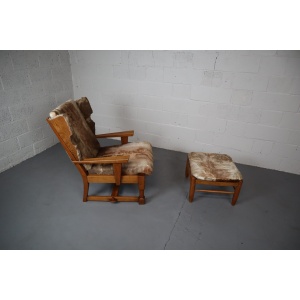Brutalist Oak Lounge Chair and Ottoman with Upholstery in Goat Hide