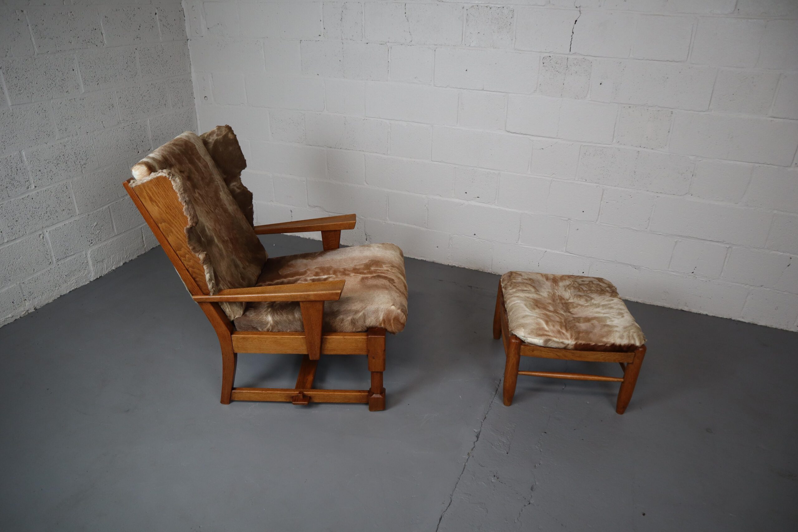 Brutalist Oak Lounge Chair and Ottoman with Upholstery in Goat Hide