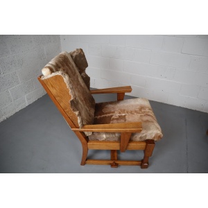 Brutalist Oak Lounge Chair and Ottoman with Upholstery in Goat Hide