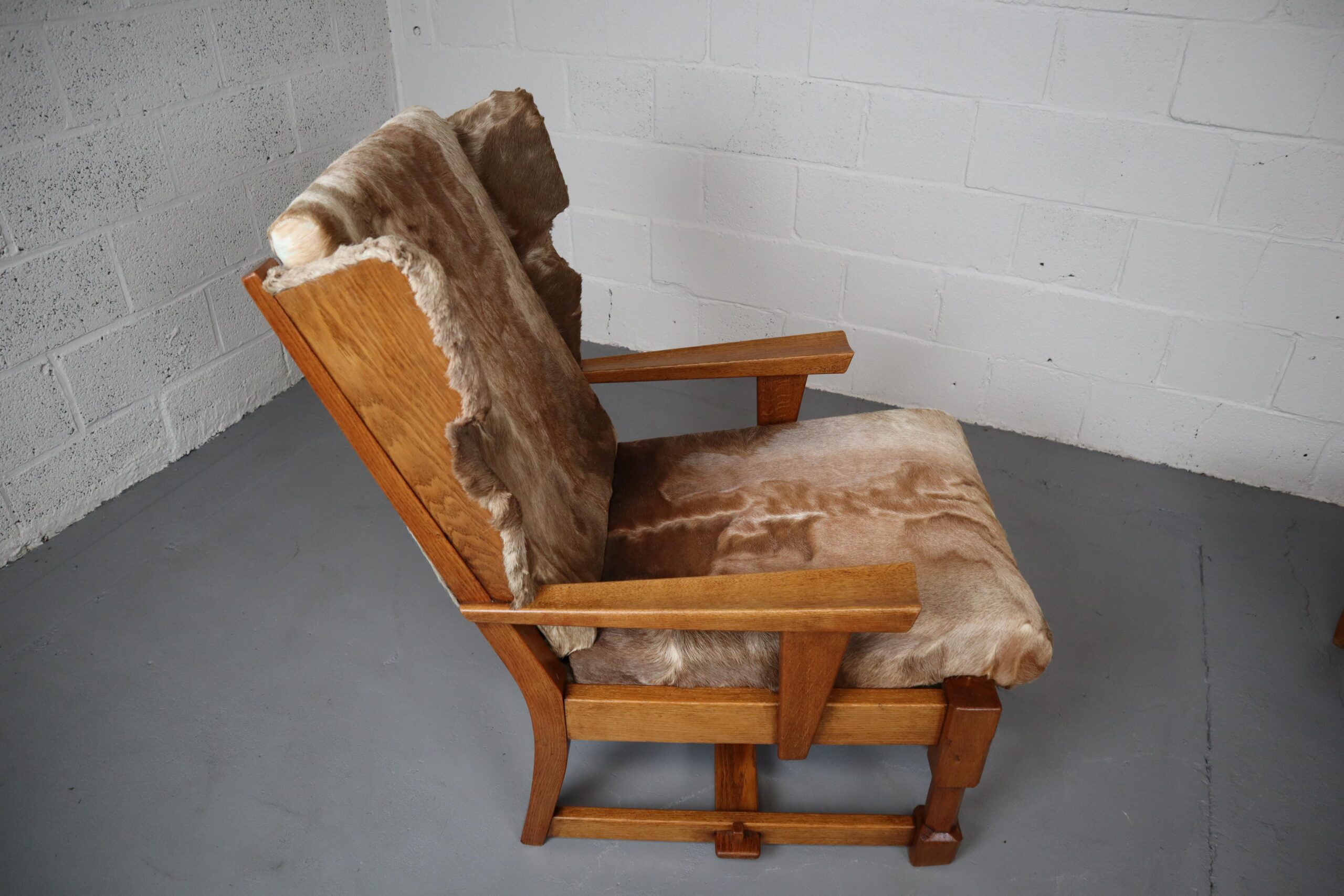 Brutalist Oak Lounge Chair and Ottoman with Upholstery in Goat Hide