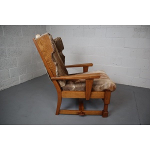 Brutalist Oak Lounge Chair and Ottoman with Upholstery in Goat Hide