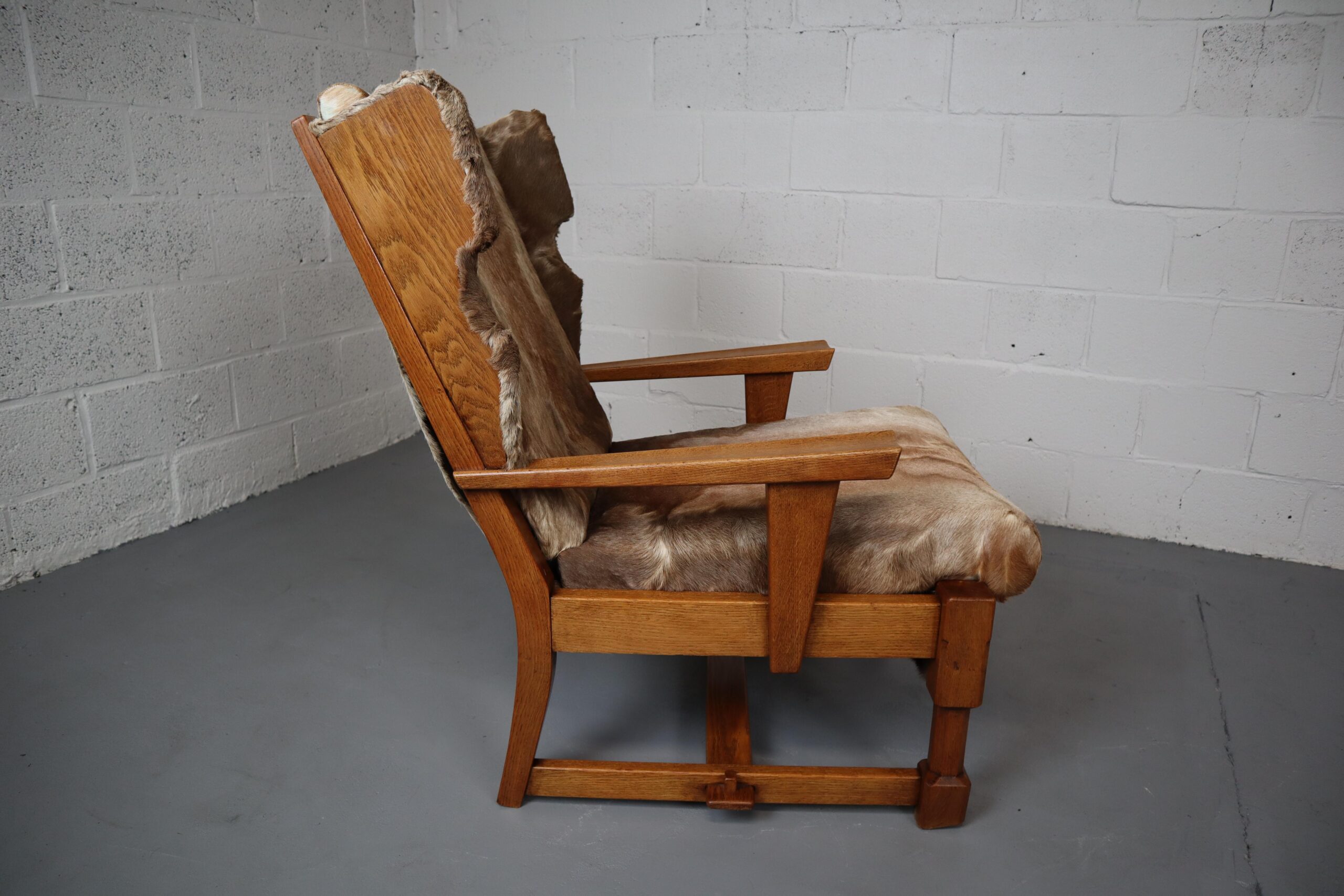 Brutalist Oak Lounge Chair and Ottoman with Upholstery in Goat Hide