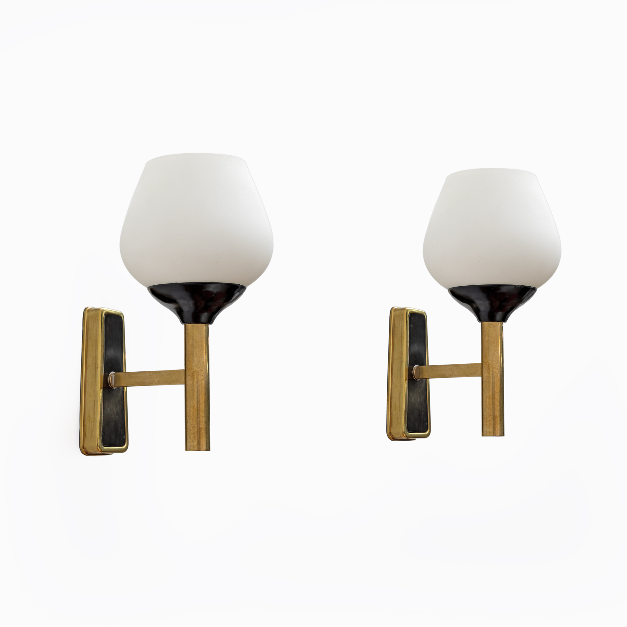 Pair of Mid-century Modern Italian Brass and Opaline Murano Glass Sconces, 1950s