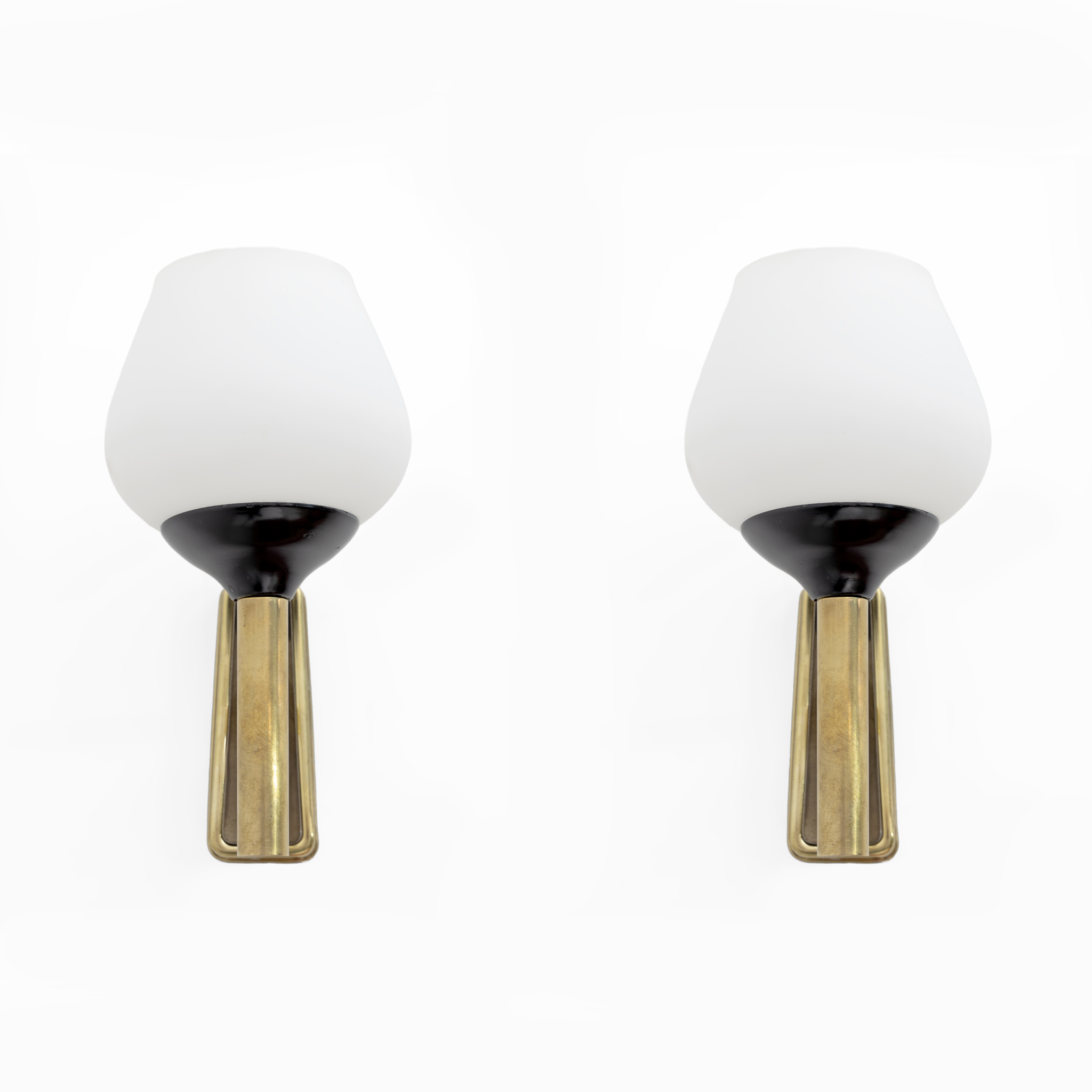 Pair of Mid-century Modern Italian Brass and Opaline Murano Glass Sconces, 1950s