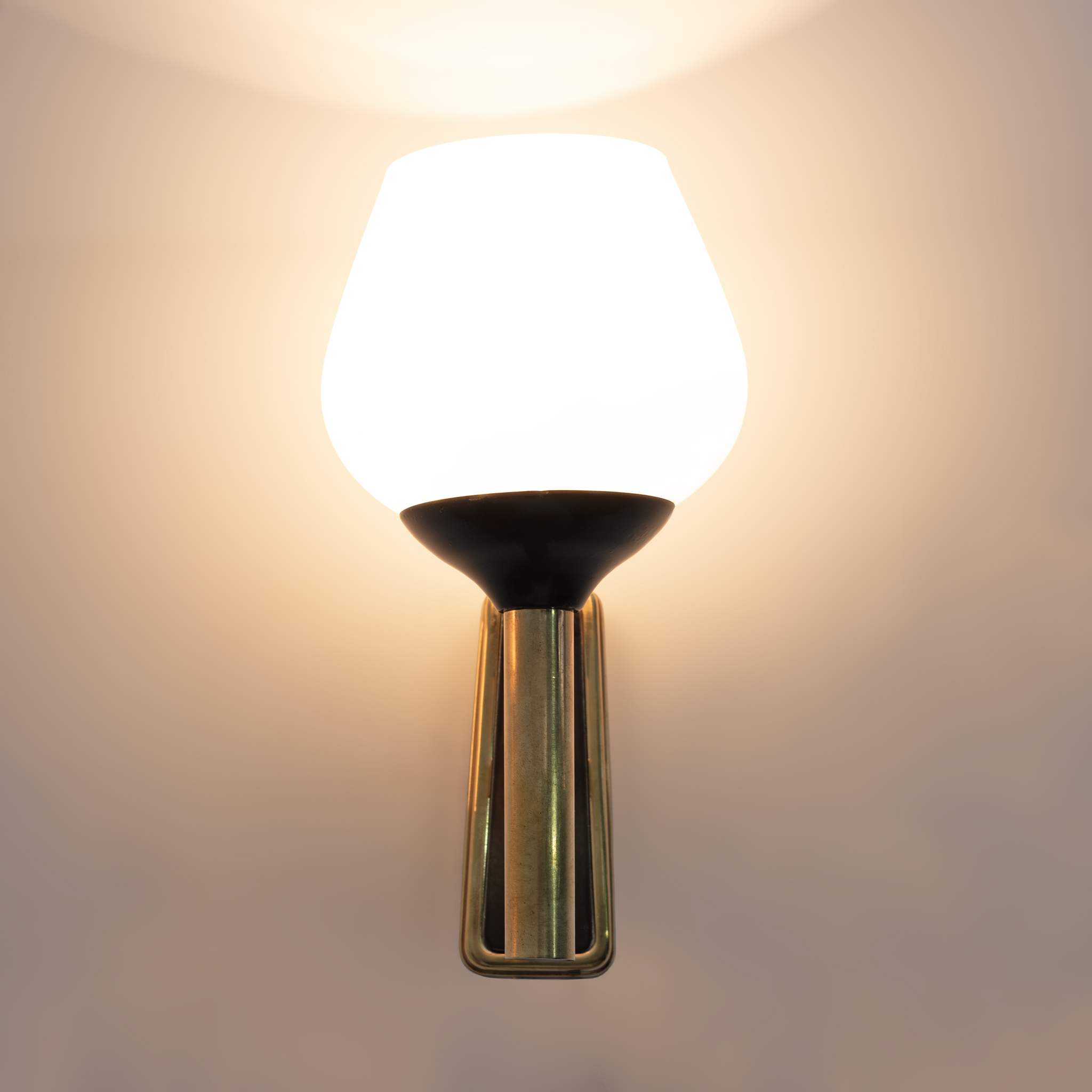 Pair of Mid-century Modern Italian Brass and Opaline Murano Glass Sconces, 1950s