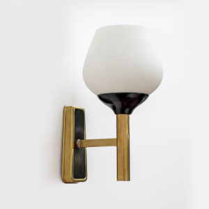 Pair of Mid-century Modern Italian Brass and Opaline Murano Glass Sconces, 1950s