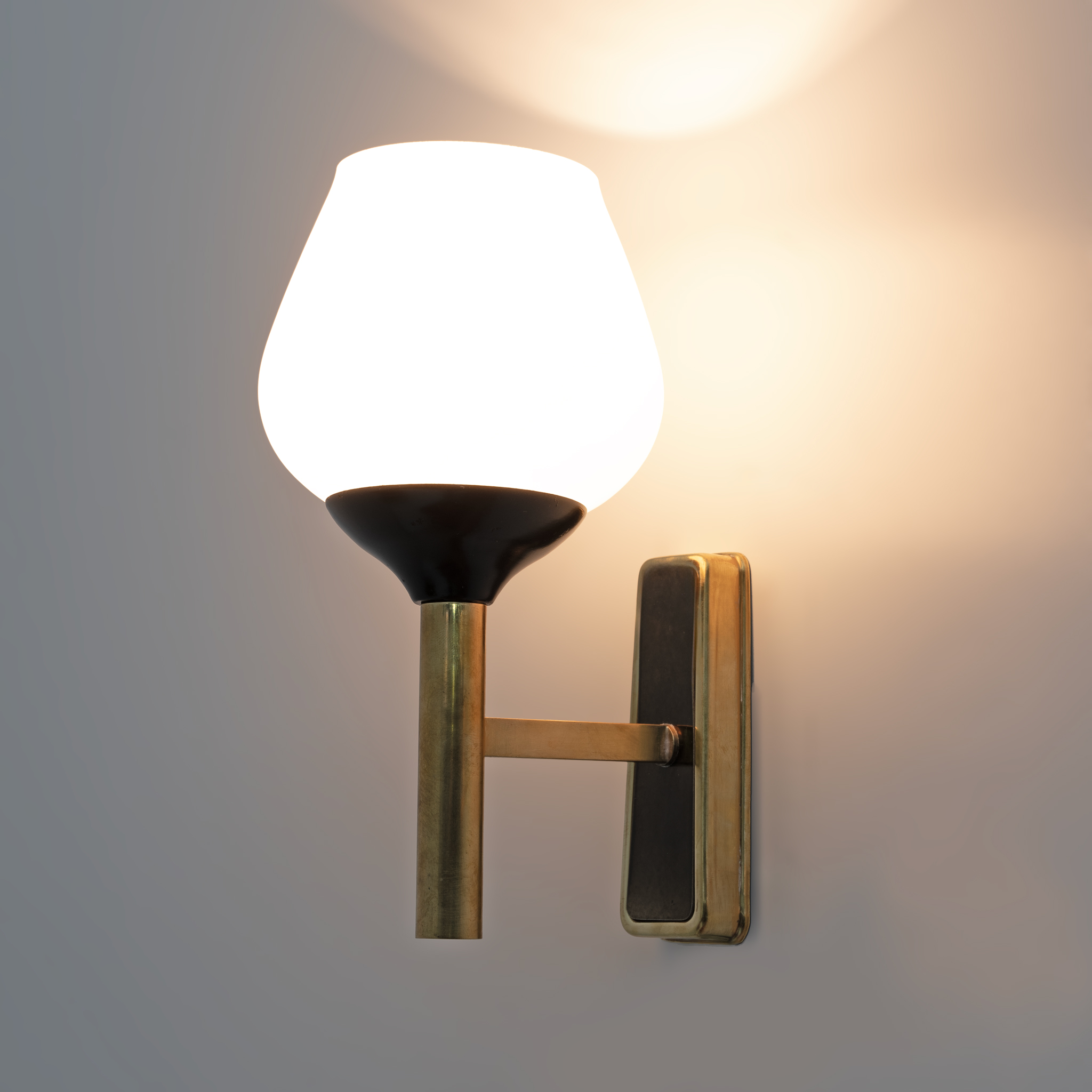 Pair of Mid-century Modern Italian Brass and Opaline Murano Glass Sconces, 1950s