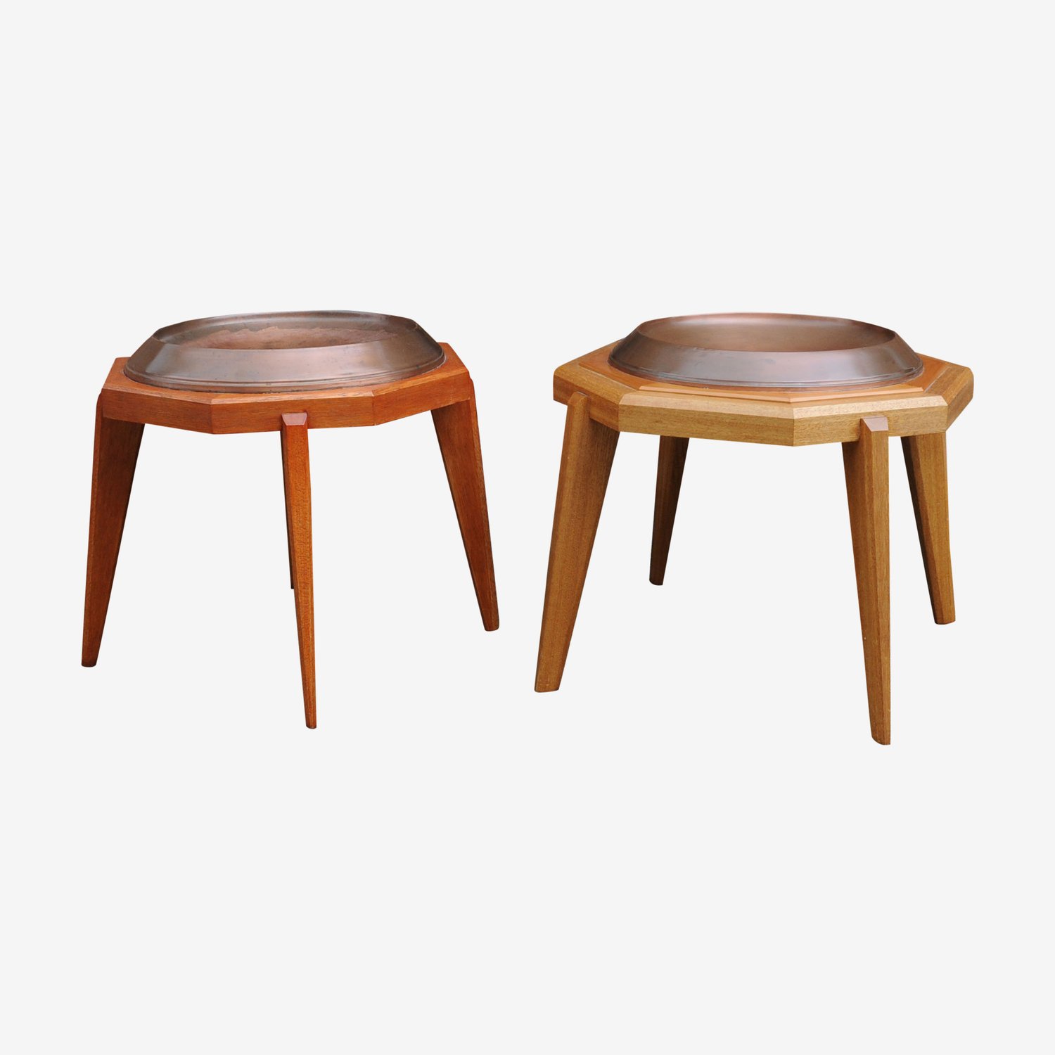 Octagonal Wooden Tables With Spun Copper Concave Tops, 1980s