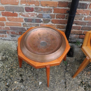 Octagonal Wooden Tables With Spun Copper Concave Tops, 1980s