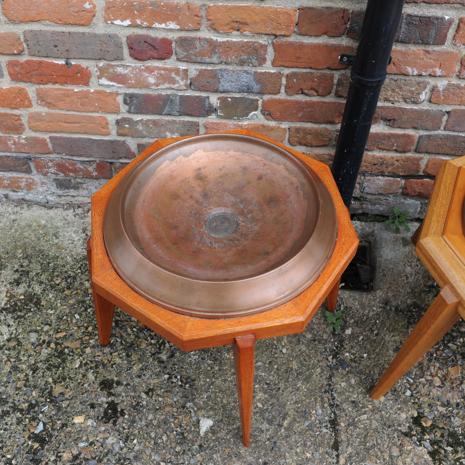 Octagonal Wooden Tables With Spun Copper Concave Tops, 1980s