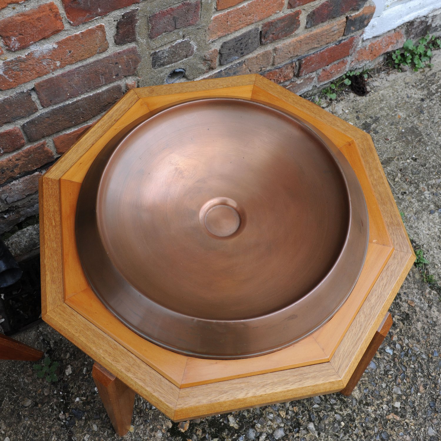 Octagonal Wooden Tables With Spun Copper Concave Tops, 1980s