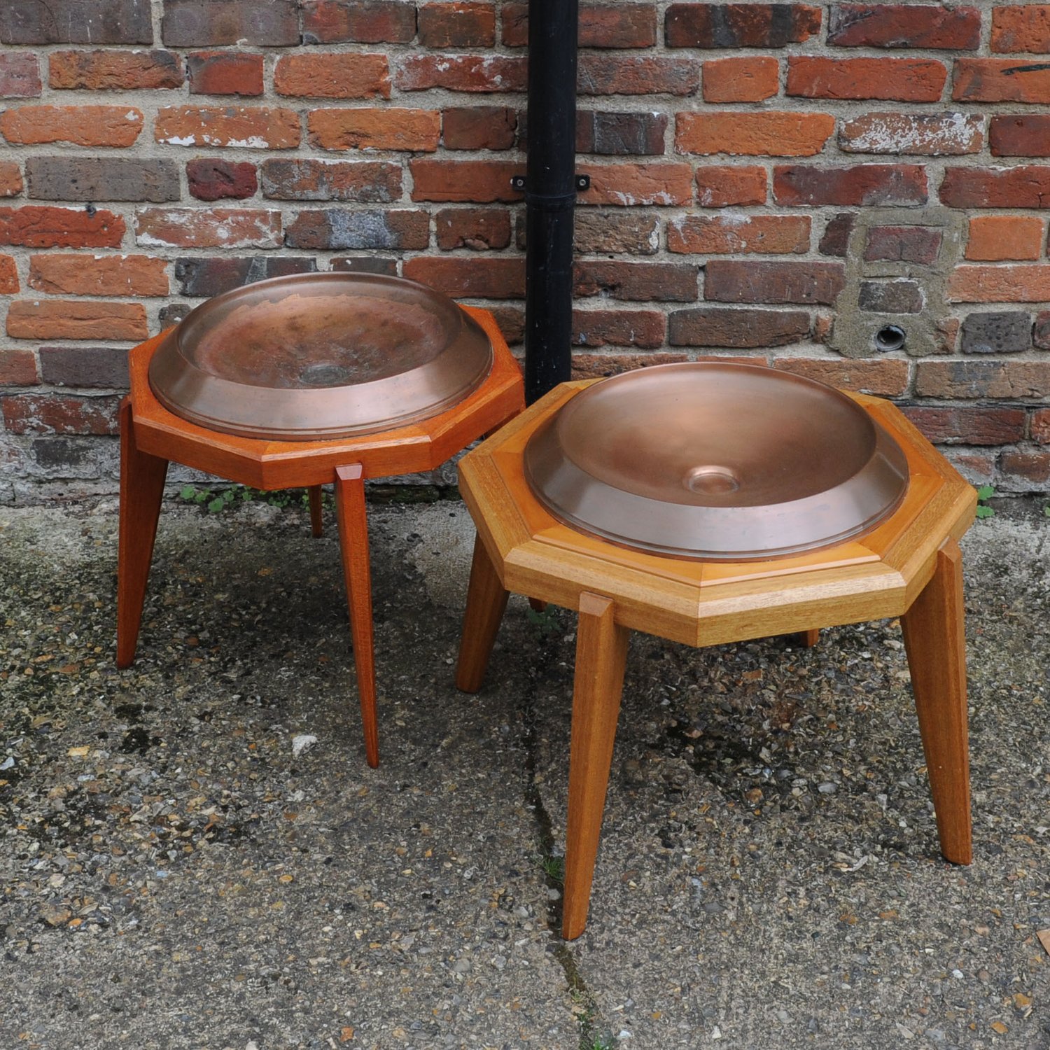Octagonal Wooden Tables With Spun Copper Concave Tops, 1980s
