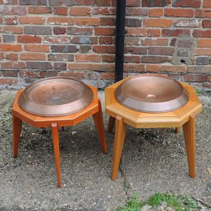 Octagonal Wooden Tables With Spun Copper Concave Tops, 1980s