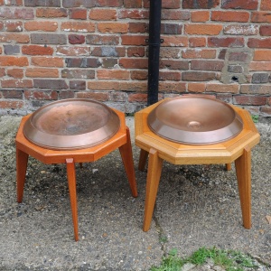 Octagonal Wooden Tables With Spun Copper Concave Tops, 1980s
