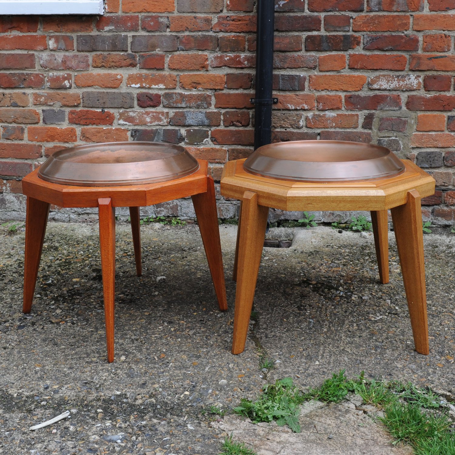 Octagonal Wooden Tables With Spun Copper Concave Tops, 1980s